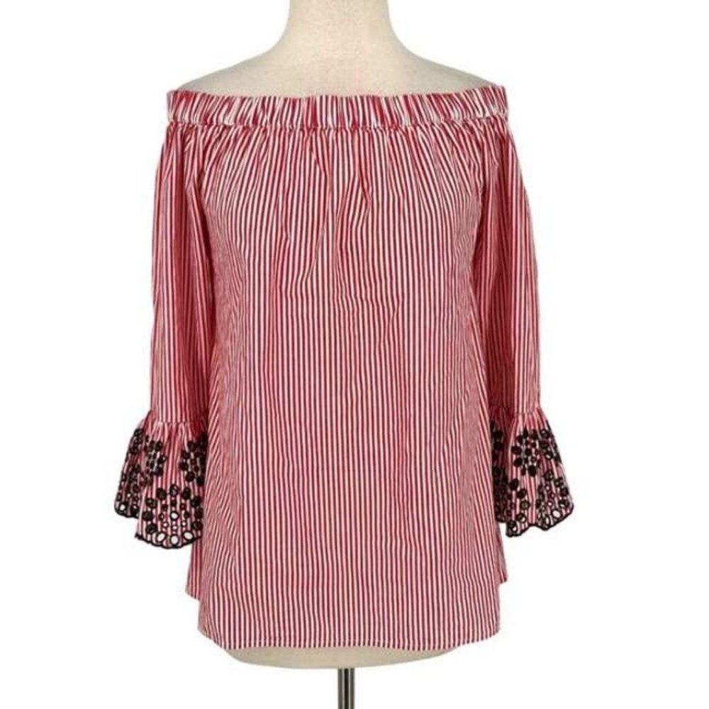 Beach Lunch Lounge Red white Boho Striped Off Shoulder Top Bell Sleeves Sz S